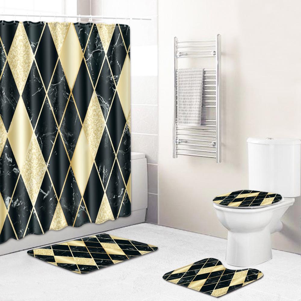 Marble Texture Printing Bathroom Non-Slip Floor Mat Shower Curtain Combination Carpet European And American Style