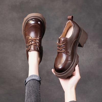 The First Layer of Cowhide Loafers Women's 2025 Spring New Leather Retro Casual Lace-up Platform Muffin Single Shoes Women's Shoes