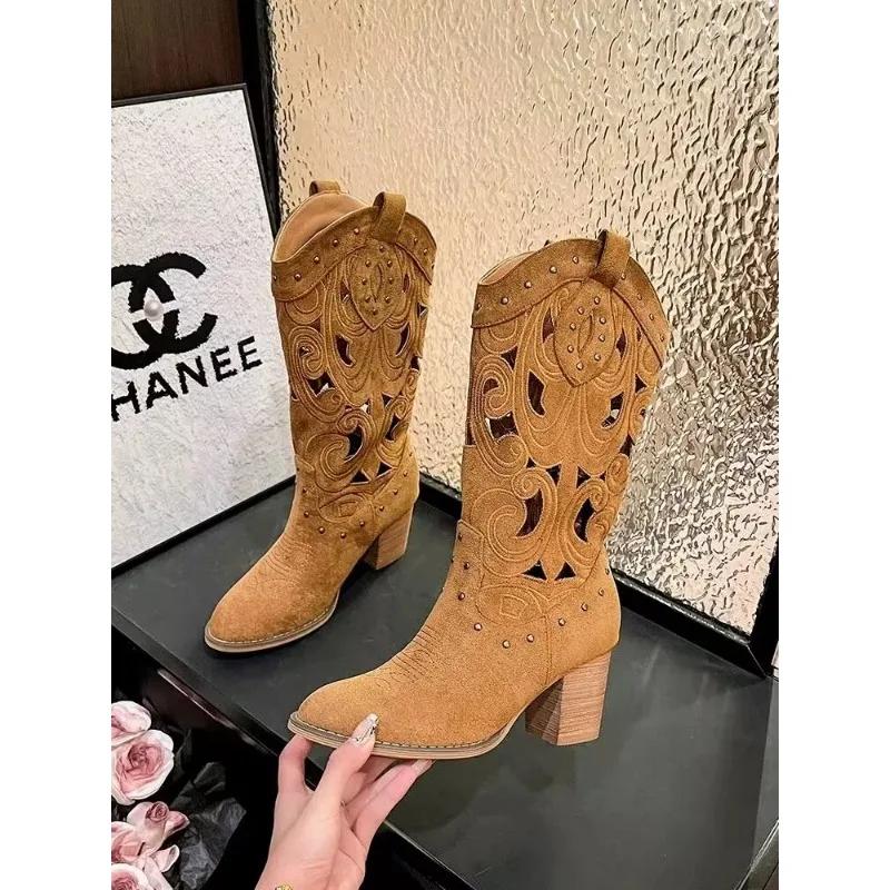 Fashion 2025 New Women's Summer Retro Round Toe Chunky Heels Vegan Suede Western Boots with Hollow Design and Rivets Cowboy Boots Shoes