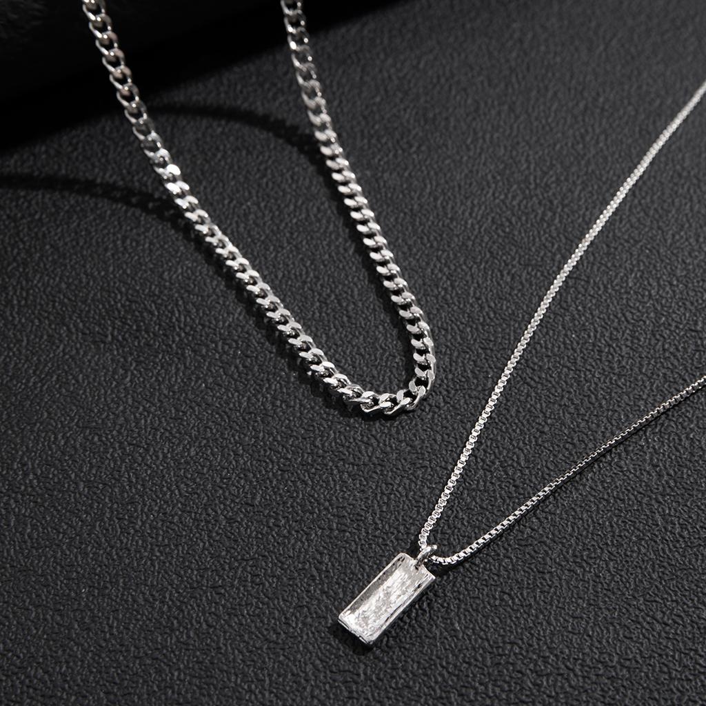 KunJoe 2Pcs/Set Trendy Simple Square Pendant Necklace for Men Punk Silver Color Cuban Link Chain Choker Necklace Male Jewelry