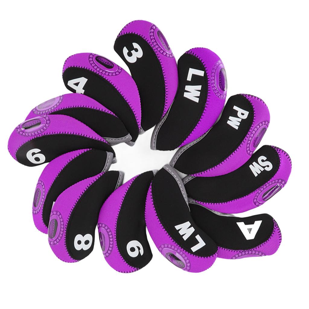 12PCS Golf Club Head Covers Neoprene Scratch Proof Golf Club Head Protector for Outdoor Black and Purple