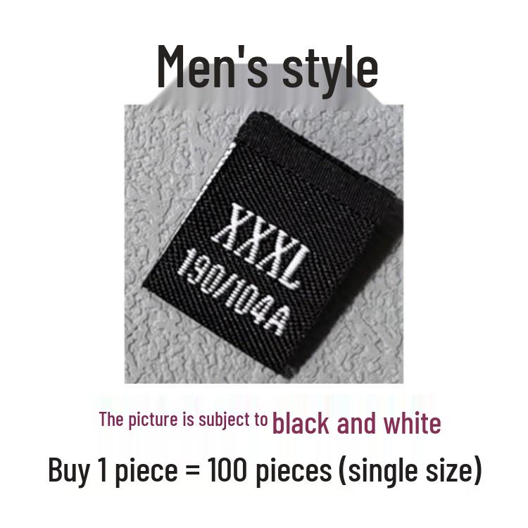 In-Stock Men's & Women's Woven Size Labels: Custom Black & White Trendy International Brand.