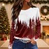 Women's Christmas Print Long Sleeve Top with Round Neck and Side Slit