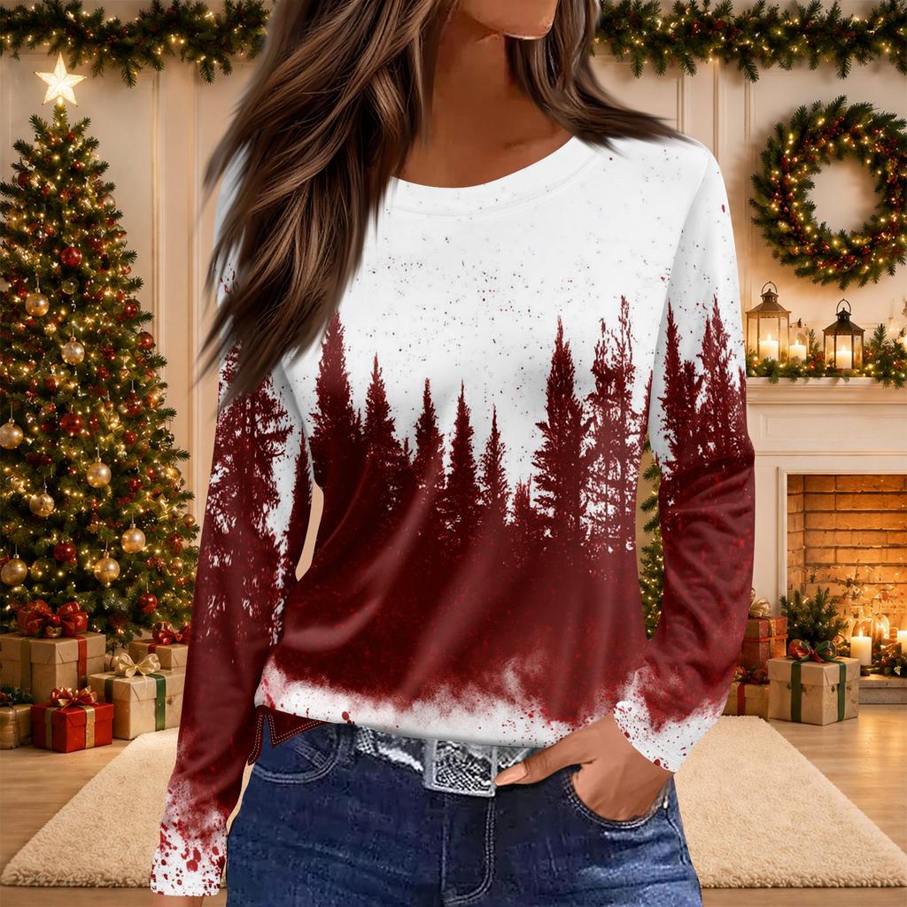 Women's Christmas Print Long Sleeve Top with Round Neck and Side Slit