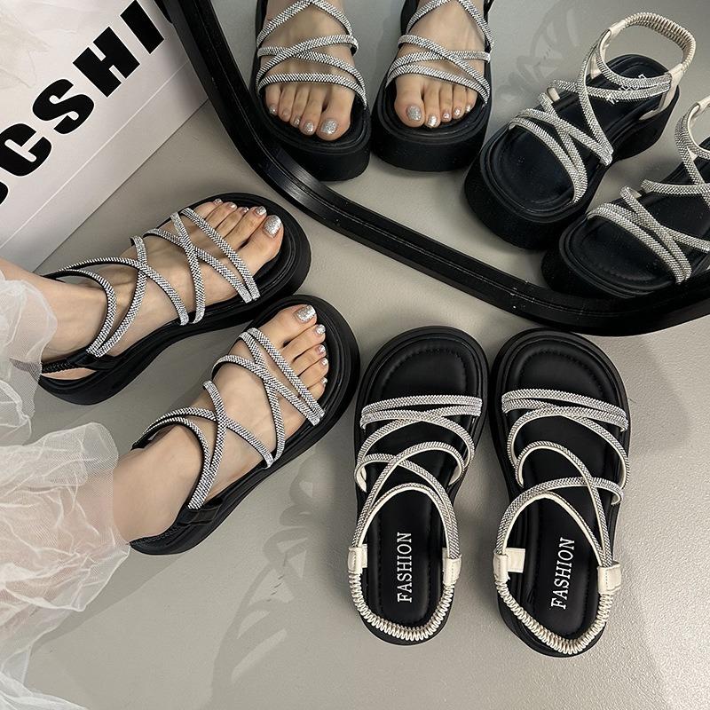 Summer new outer wear rhinestone platform sandals women's cross-strap high-end versatile elastic high-heeled strap sandals