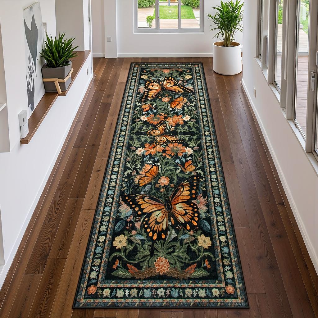 Vintage Butterfly Flower Runner Rug Non Slip Long Carpet for Entryway Hallway Bedroom Retro Boho Home Decor Durable Easy Clean