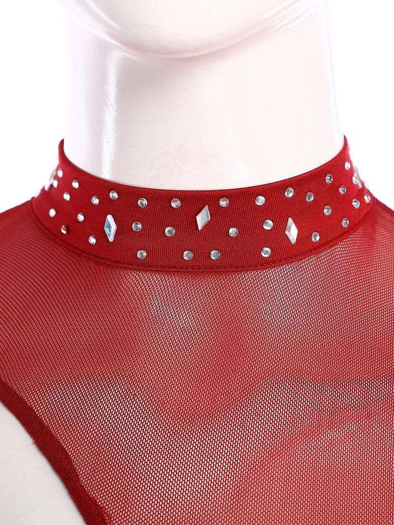 S-XXL Women Lyrical Dancewear: Asymmetrical Side Split Dress with Mock Neck, Cutout, Sheer Mesh, Patchwork & Shiny Rhinestones