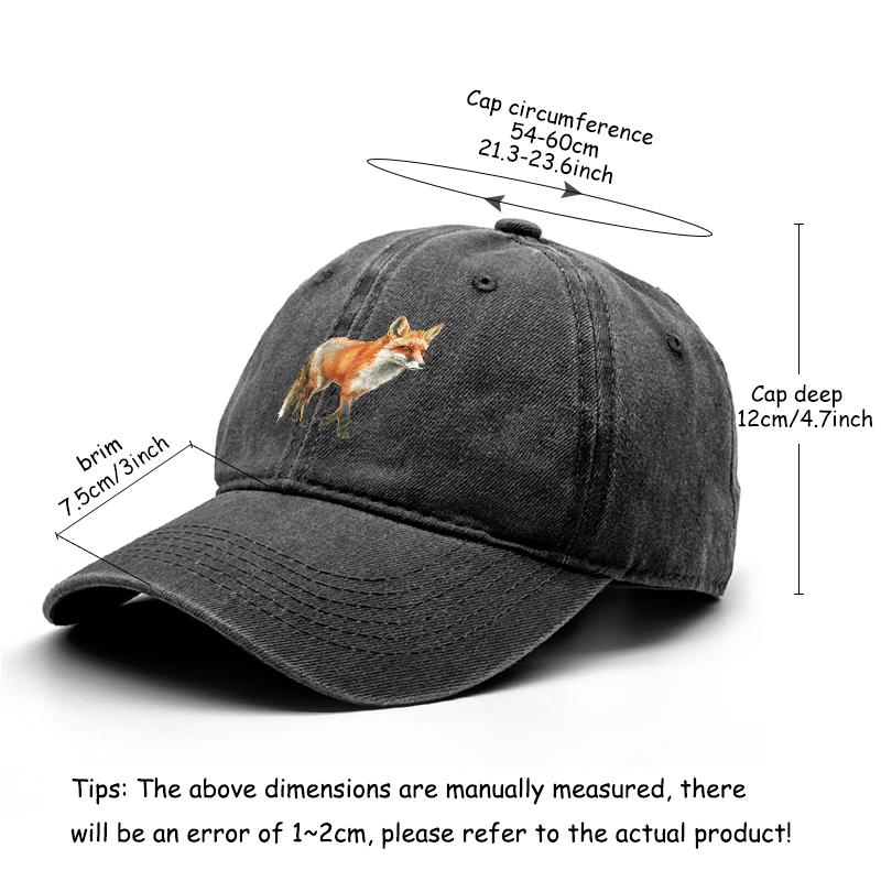 1 pcs Fox Print Snapback Hat Washed Cotton Caps For Woman Retro Vintage-Inspired Adjustable Caps Ideal Choice For Casual Cap