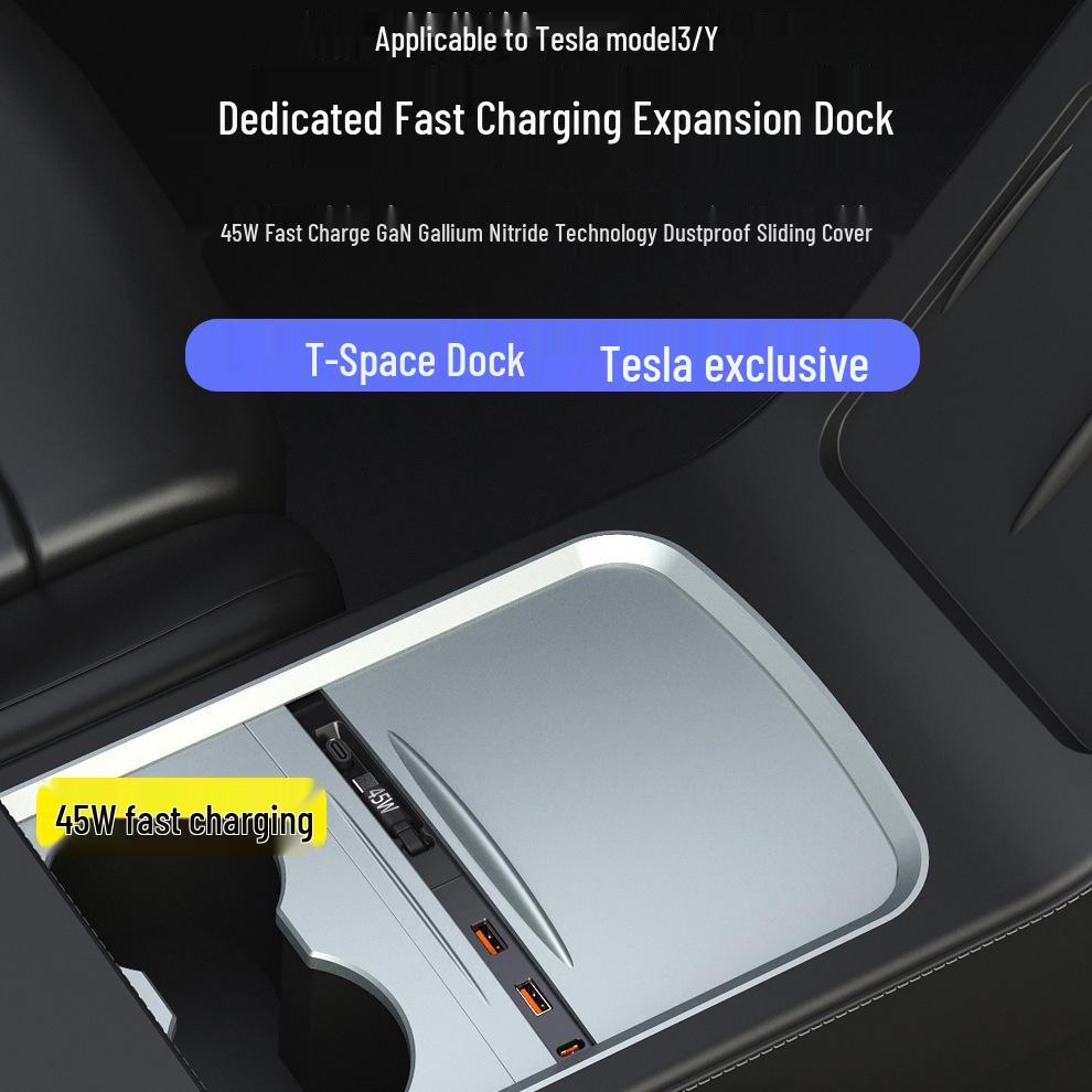 Tesla Model 3/Y Sliding Cover Dock: Dustproof 45W GaN Fast Charger Expansion.