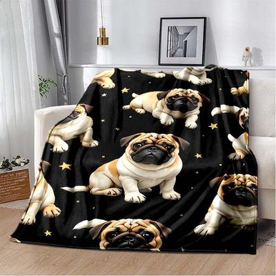 Cute Pug Dog Print Flannel Blanket, Black Background with Stars Throw Blanket