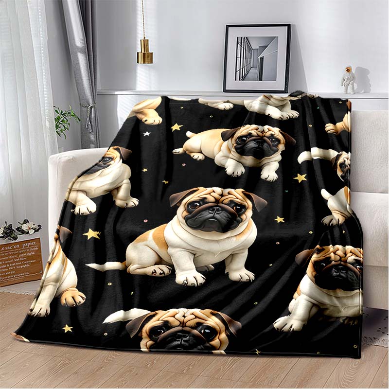 

Cute Pug Dog Print Flannel Blanket, Black Background with Stars Throw Blanket 80cm x 120cm