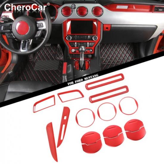 15 Stück Rote Voll-Innenraum Mittelkonsolen Dekor Abdeckung Zierleiste für Ford Mustang 2015+