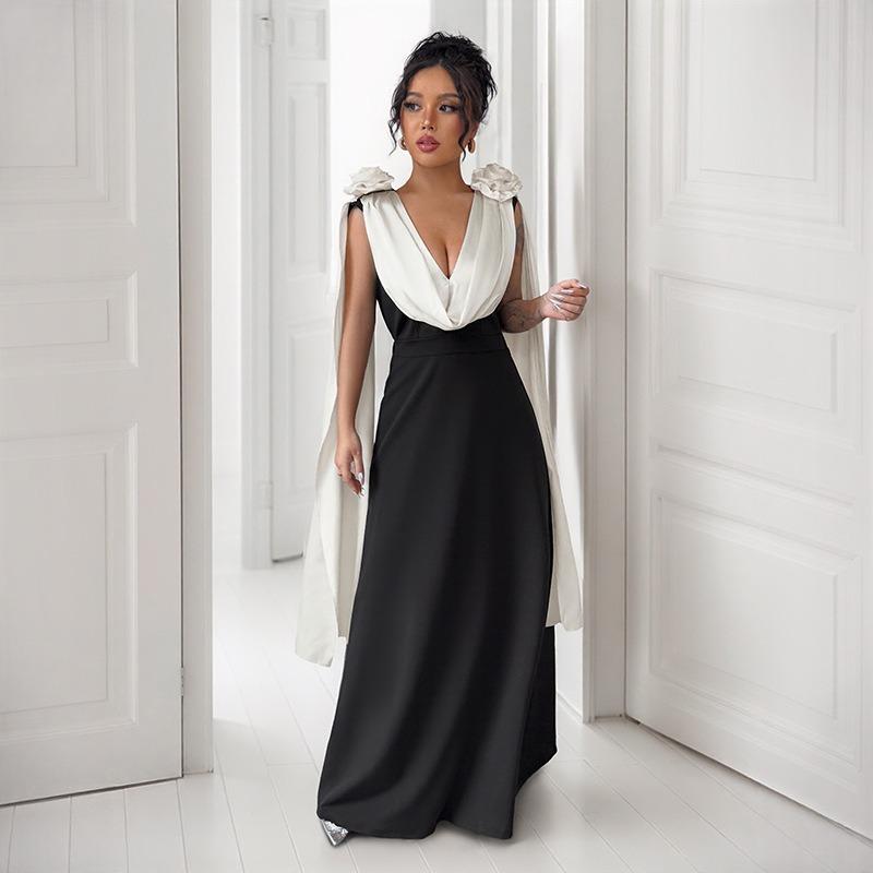 Dinner Wedding Party High Feeling Elegant Style V Neck Color Collision Sleeveless Dresses