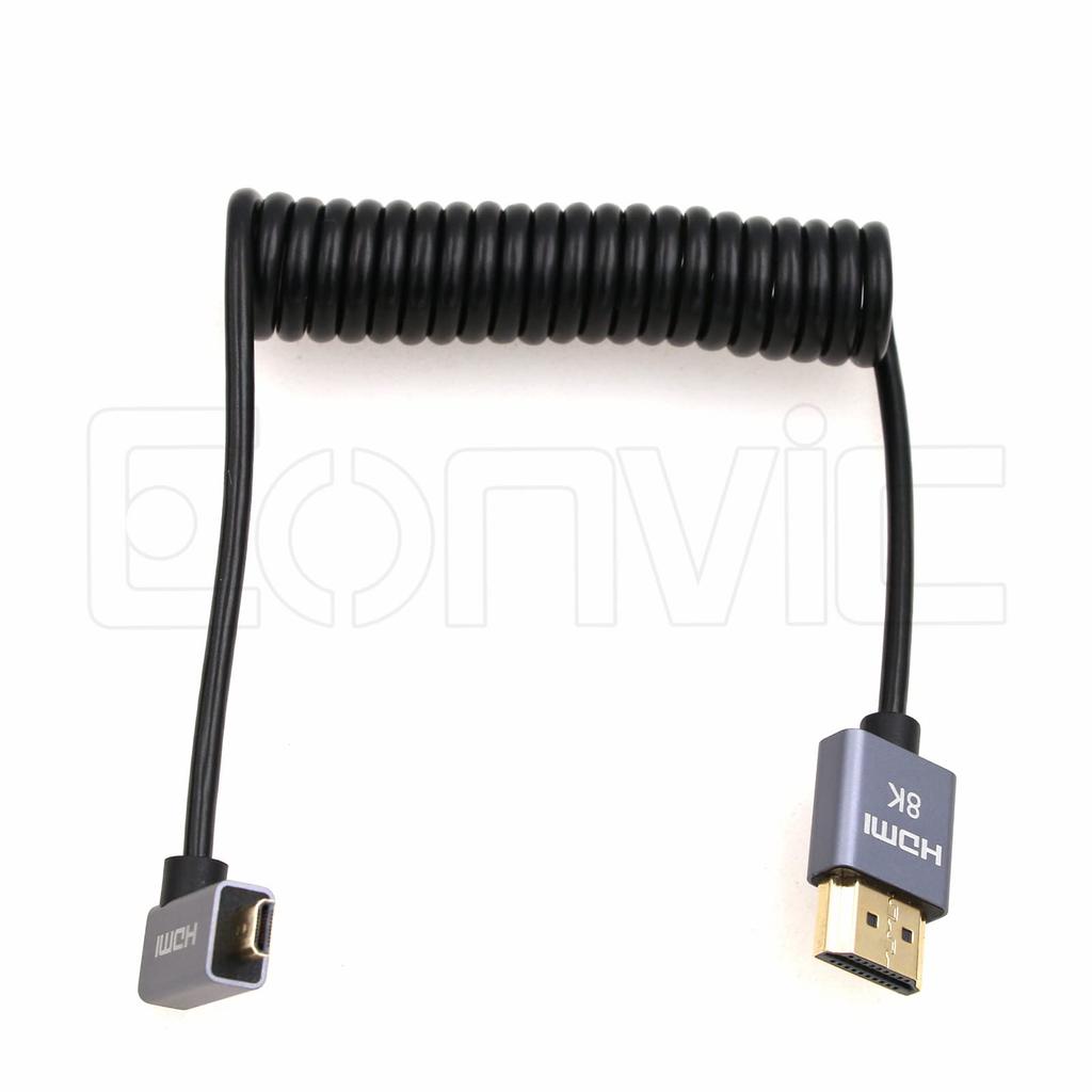 Eonvic 8K HDMI to Micro HDMI Right Angle High Speed 48Gbps Coiled Cable for Atomos Ninja 48Gbps Canon and R6 2.1 Cable, V, 4K-60P Recording, HDMI,