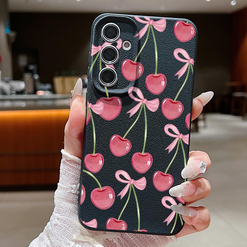 Crystal Cherry Fruits Bowknots Case For Samsung Galaxy A57 A37 A17 A56 A36 A26 A16 A55 A35 A25 A15 A54 5G S21 FE S22 S23 S24 Plus S25 Edge S26 Ultra
