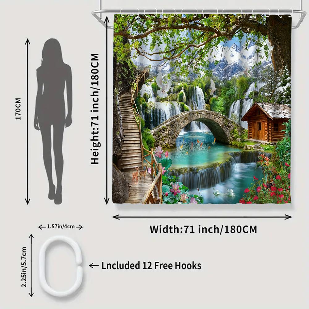 1/4 Forest Waterfall Print Shower Curtains, Toilet Seat Decoration, Shower Curtain with Carpet and Toilet Lid, 70.8x70.8 Inch