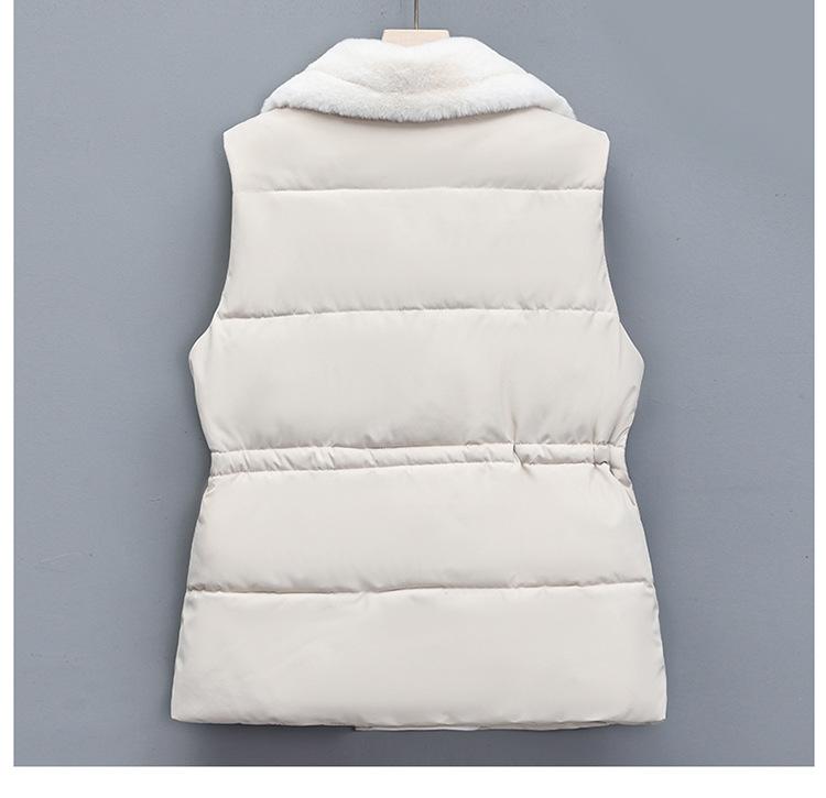 Winter Cotton Fur Down Vest Womens Vest Stand Collar Button Down Padded Jacket with Drawstring Waistcoat