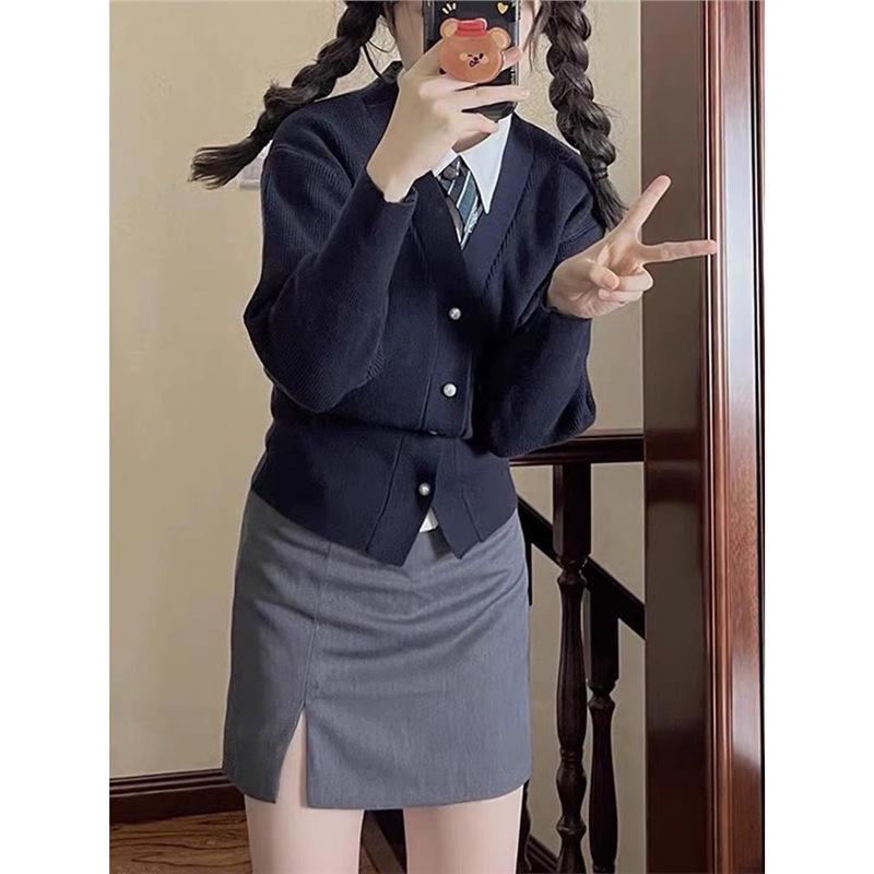 Trendiger JK College V-Ausschnitt Cardigan: Damen Strickpullover, Langarm Herbst Oberbekleidung