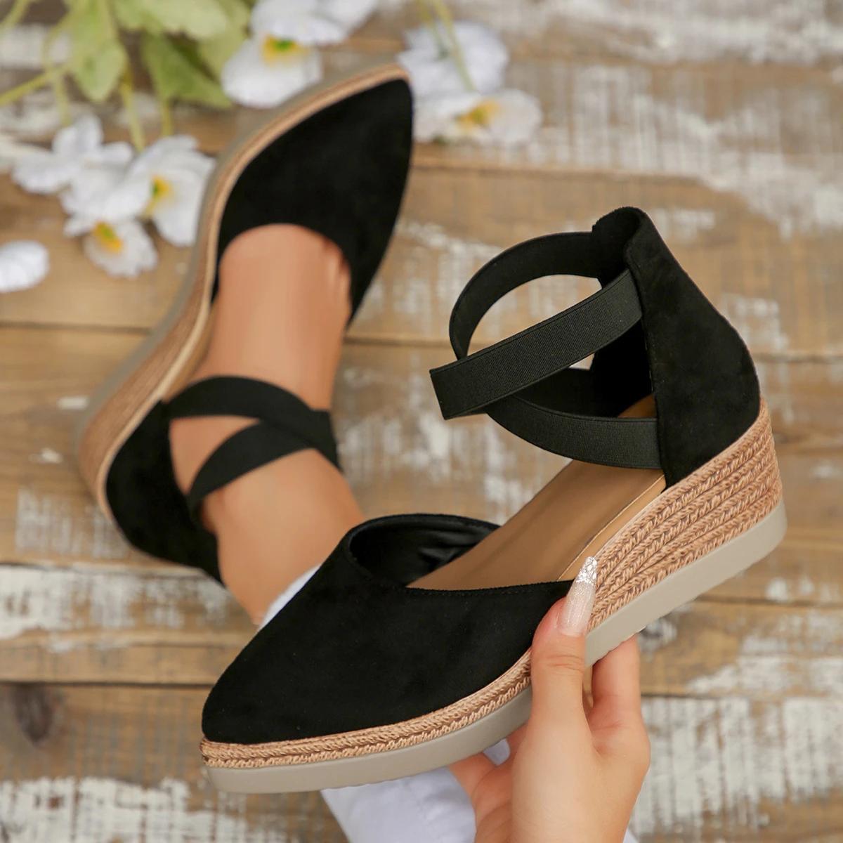 Damen Keilsandalen mit geschlossenem Zeh Sandalen in Unifarbe Spitz zulaufende Schuhe mit elastischem Riemen Elegante bequeme Schuhe für Damen 38