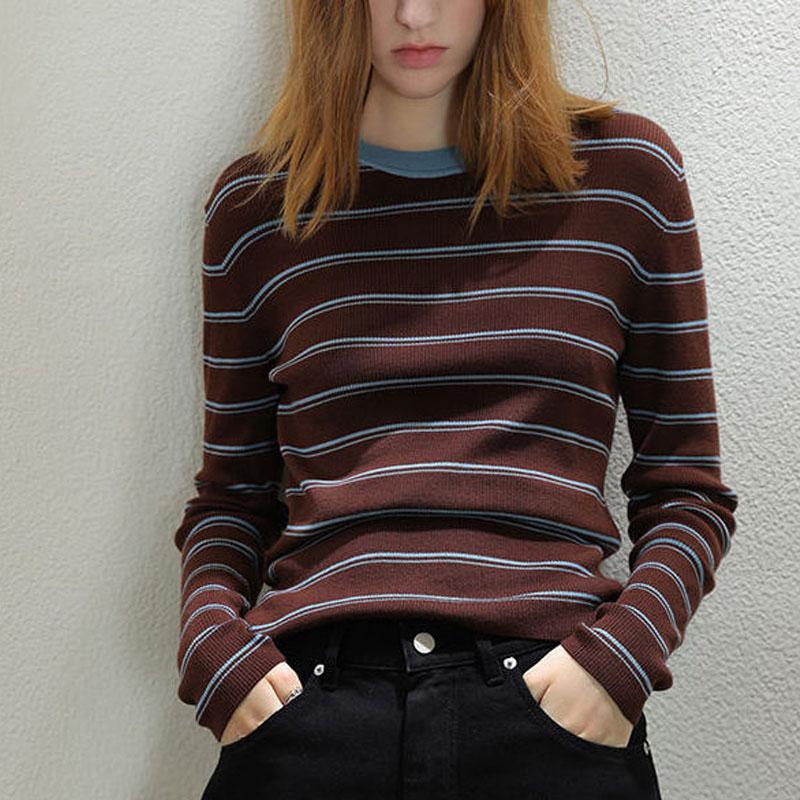 New Autumn Winter French Vintage Stripe Contrast Round Neck Slim Fit Versatile Age Reducing Westernized Women's Knitted Sweater