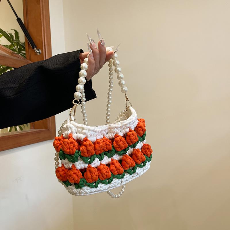 Tulip handmade DIY woven bag, cloth strip material bag, homemade pearl portable messenger bag, gift for girlfriend