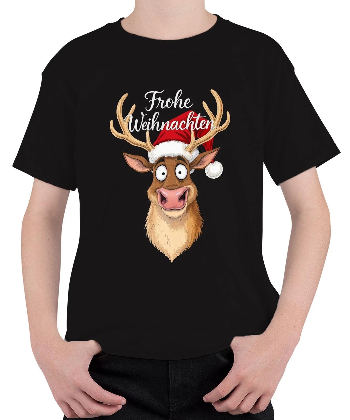 Frohe Weihnachten Lustiges Rentier Weihnachtsmütze Cartoon Humor Unisex Kinder T XL