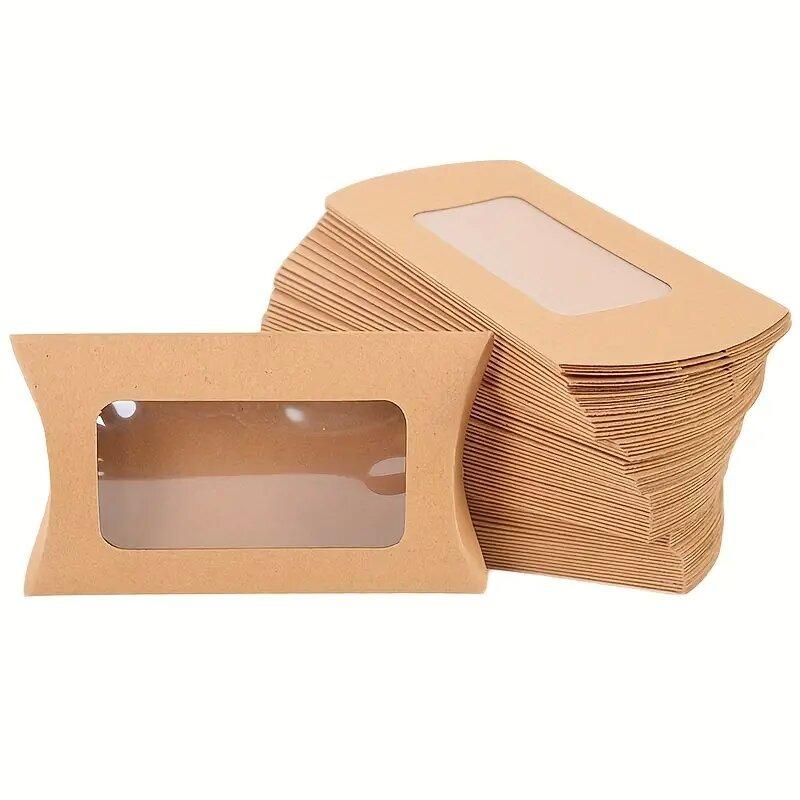 50PCS Pillow Shape Candy Box with Window Wedding Christmas Chocolate Kraft Paper Gift Packaging Boxes Birthday Party Supplies