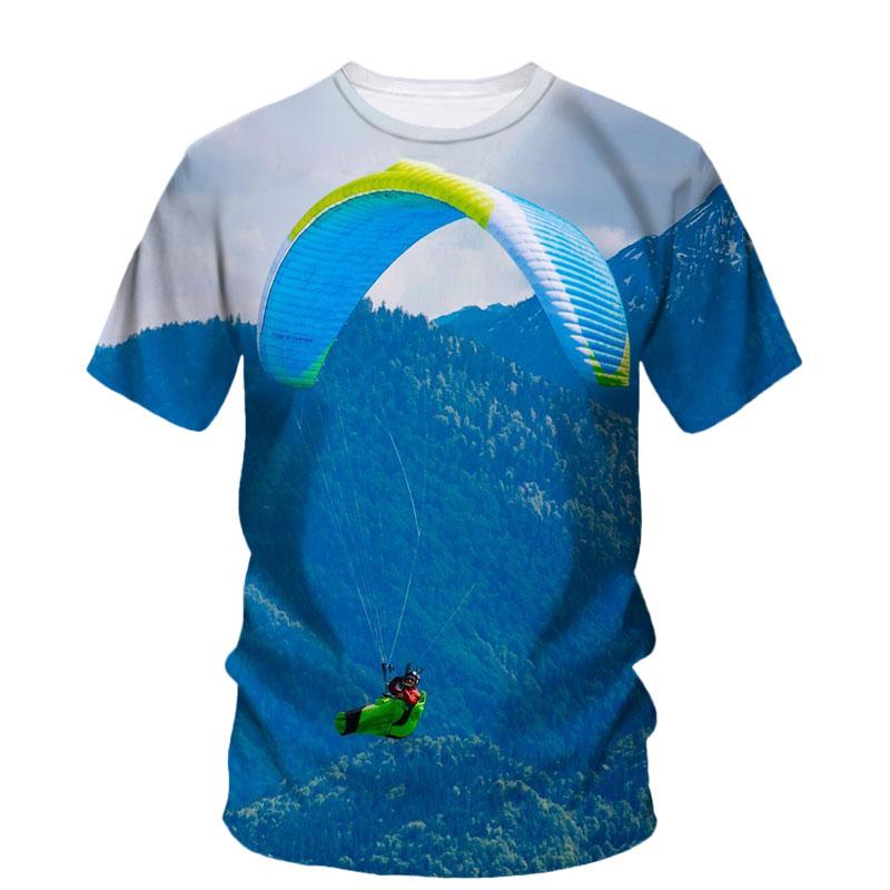 3D Parachute Paraglider Printed Casual Short Sleeved Children's Boy T-shirts  - Soft Medium Stretch Fabric Spring and Autumn Relaxed Fit Clothing