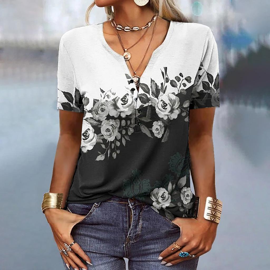 Women's Fashion Casual V-neck Short Seeve Ethnic Printing Button Loose Top