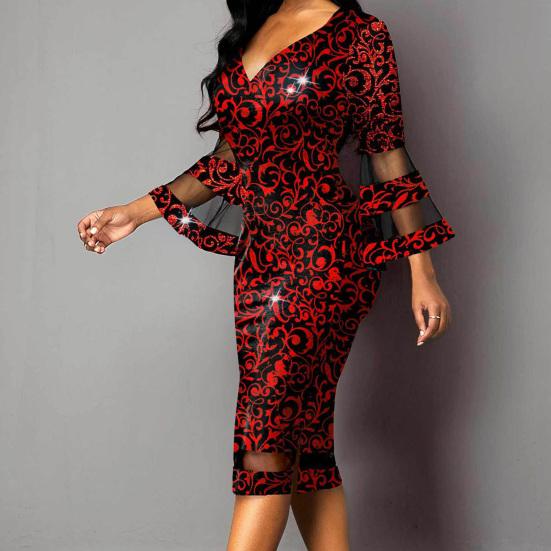 V-neck Net Yarn Stitching Midi Dress Waist Tight Fashionable Print 45720 Flare Sleeve