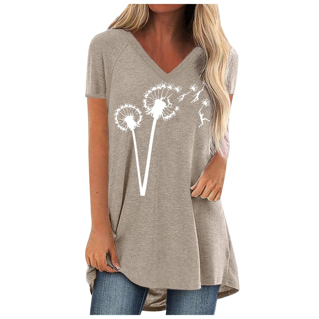 Women Fashion Casual Print V-Neck Loose Short Sleeve T-shirt Top Blouse Pullover