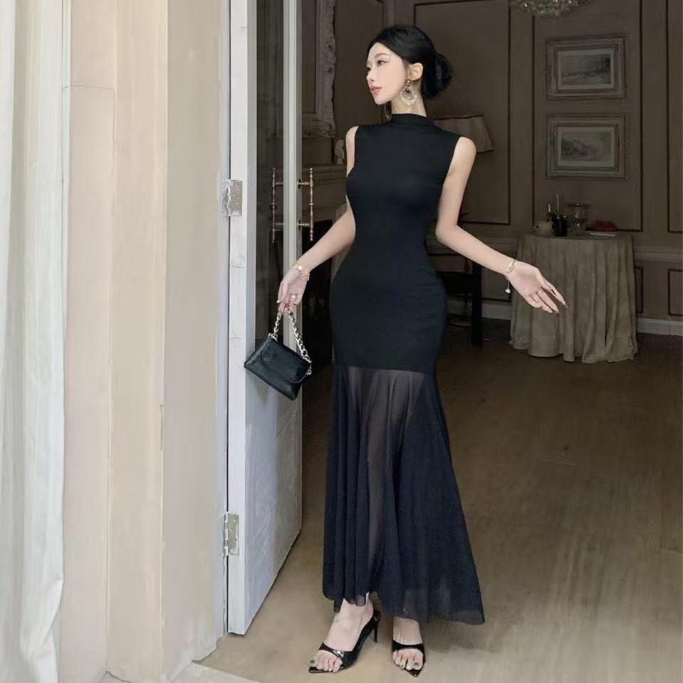 Elegant Black Mesh Patchwork Summer A-line Dress – French High-End Style Small чёрный