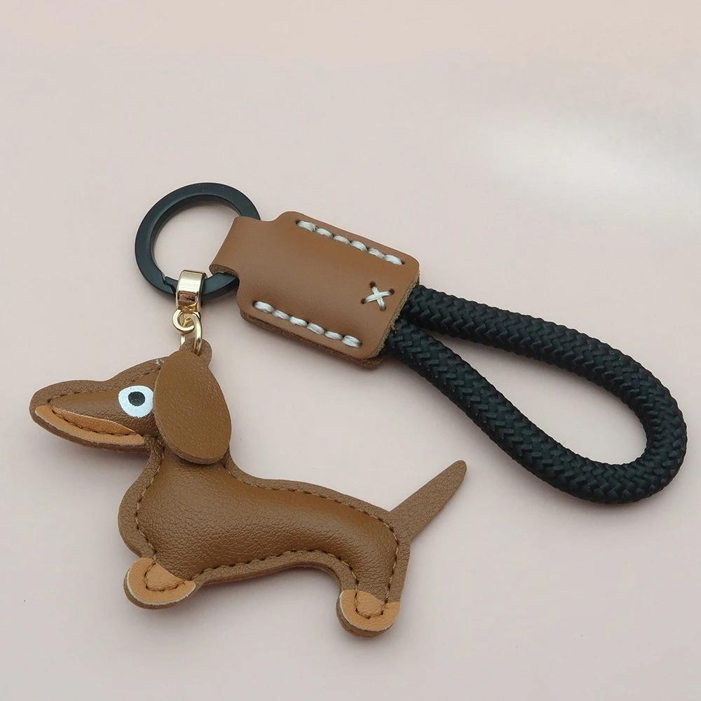 Custom Number Sausage Dog Leather Keychain Pendant Personalized Cartoon Keyring with Braid Rope Bag Car Key Ring