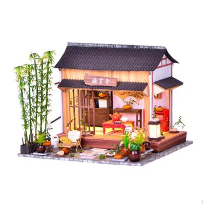 Miniaturowy domek dla lalek z meblami ogrodowymi, zestaw do samodzielnego montażu w stylu chińskim