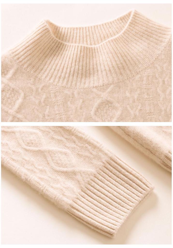 Retro Cable Knit Women's Cashmere High-Neck Pullover Sweater with Slimming Twist Pattern