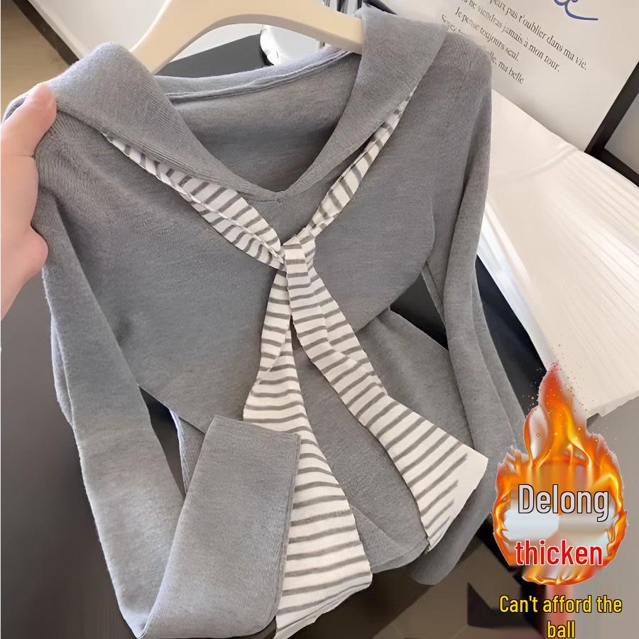 Korean Style Drop Shoulder Naval Collar Long Sleeve Top for Women, Slim Fit Flowy Ribbon Design, Perfect for Spring/Autumn.