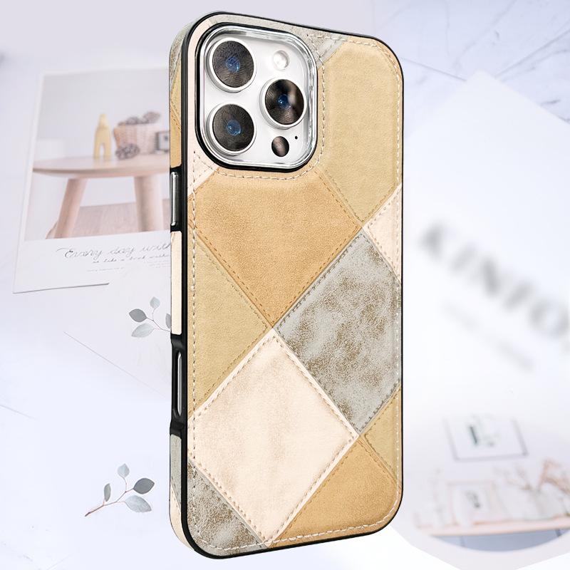 Geometric Splicing and Leather Plating and High-lifting Lens Mobile Phone Case Suitable for IPhone16promax Anti-fall Case 15/14