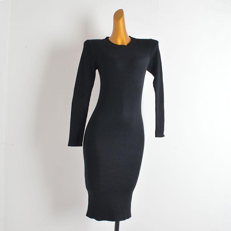 

Fall and Winter New Arrival Pure Color round Neck Sunken Stripe Long Sleeves Knitting Dress Women s Clothing Silm Slim Looking Bodycon Dress Black All yards