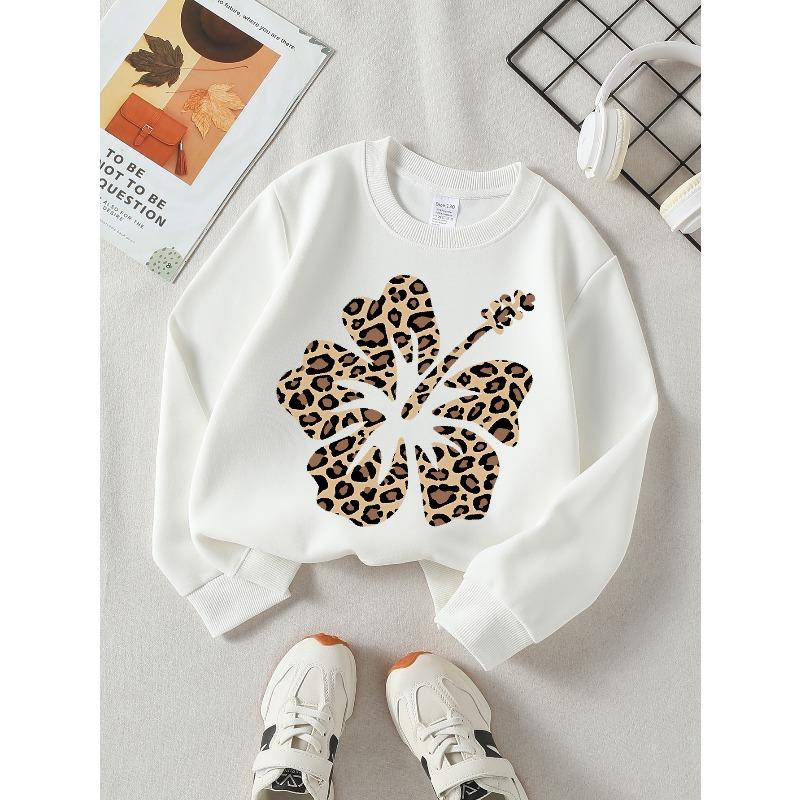 Leopard Print Flower Design 2026 New Girls Long-sleeve Casual Crewneck Sweatshirt, Suitable for Outdoor Sports and 110 белый