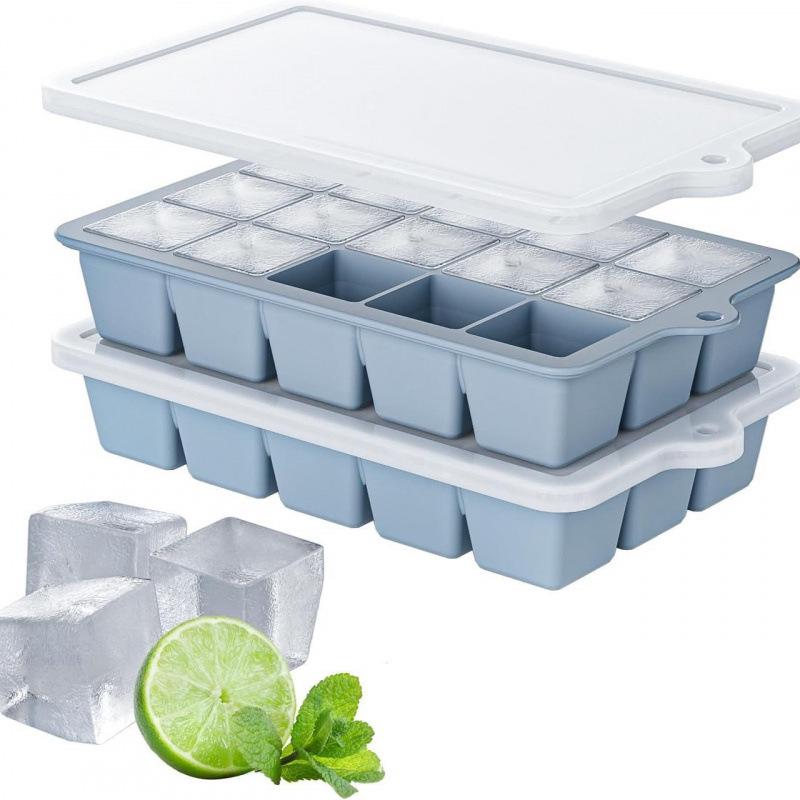 Popular Silicone Ice Cube Tray with Lid – 4 Large Slots & 15 Square Compartments for Soup or Food Storage