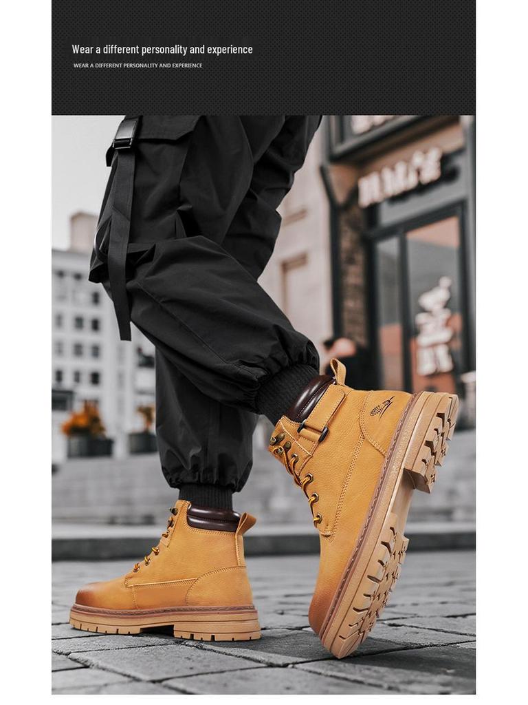 Men's Tough High-Top Yellow Leather Boots, British Style, Non-Slip, 2025 New Autumn/Winter Collection