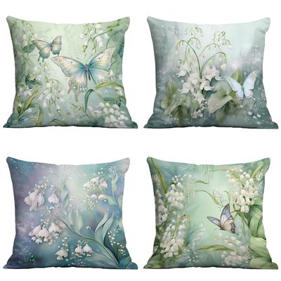 New Spring Butterfly Lily of The Valley Small Fresh Printed Pillowcase Short Plush Pillowcase Living Room Sofa Cushion Cover