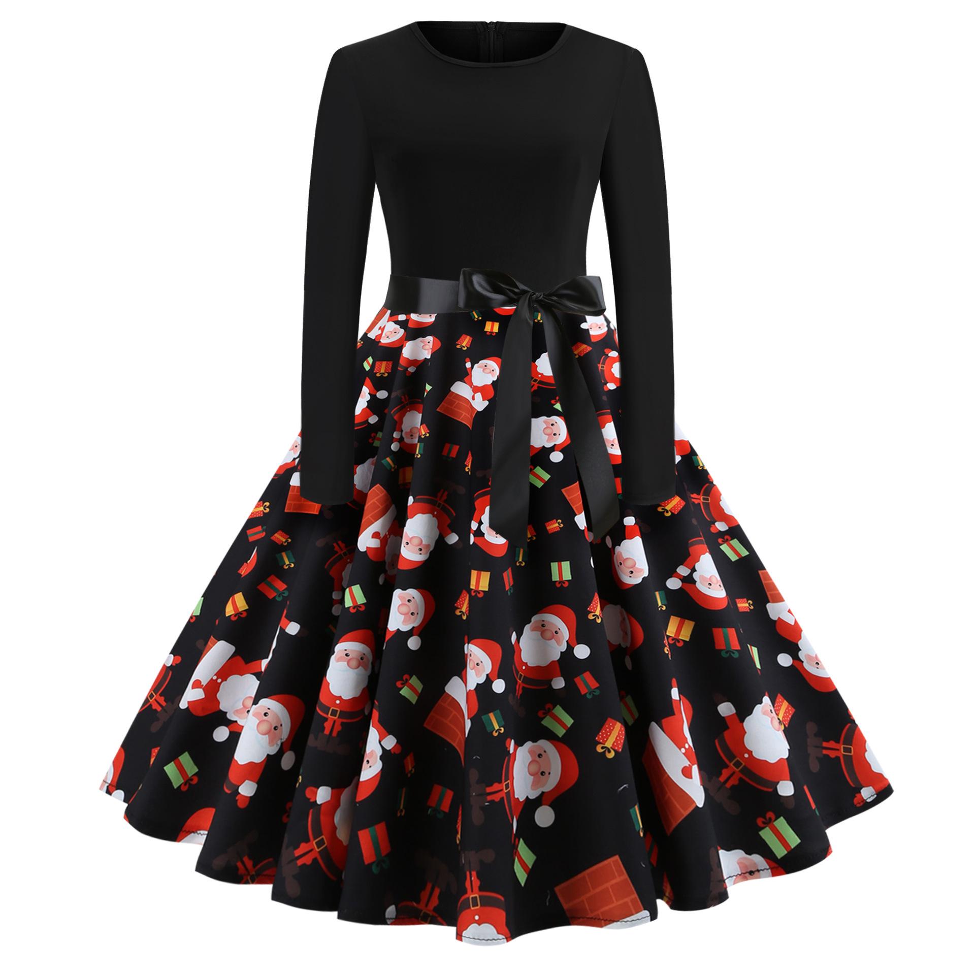 Retro Christmas Bestseller Long Sleeve Round Neck Dress S