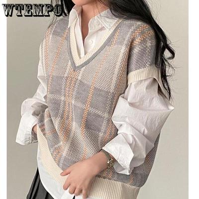 Autumn Winter Female Korean Loose Sweater Vest Vintage Office-lady V-neck Sweater Pullover Women Knitted Tops Pull Femme