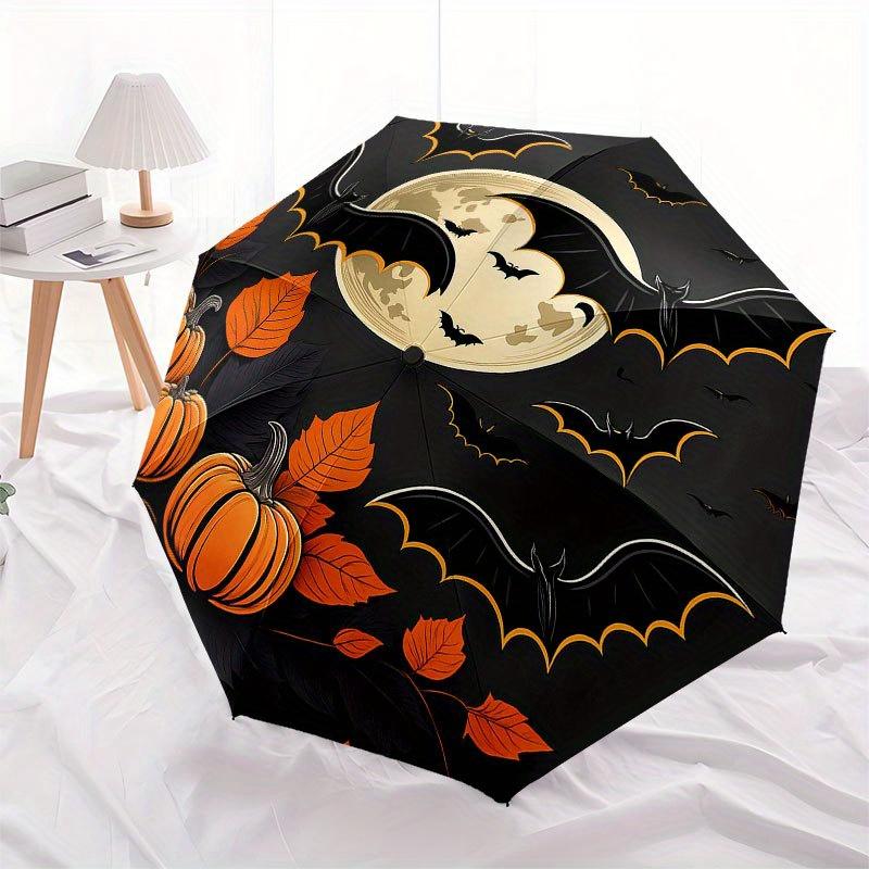 Halloween Bat and Pumpkin Moon Roundel Print Umbrella, Cute Umbrella with Cute Design, Portable 3-Fold Compact Umbrella for Men & Women, Valentine's D