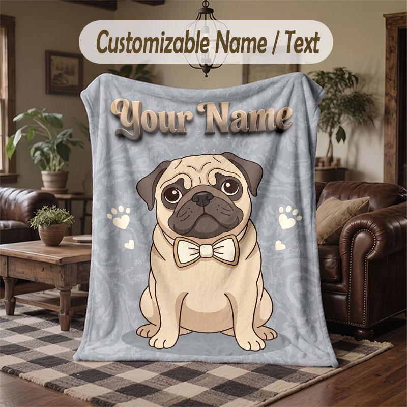 Pug Theme Throw Blanket Custom Name Text Personalized Blanket Soft Cozy Blanket for Home Sofa Bed