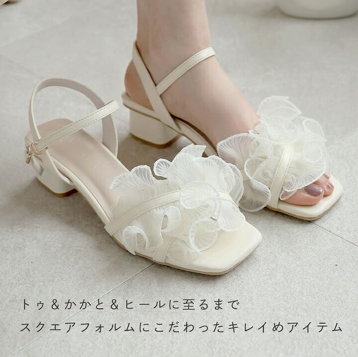 Vivian Ankle Strap Ruffled Tulle Sheer Sandals with 4cm Chunky Size S V33100SM Women's Heel, Black, (22.0-22.5cm),