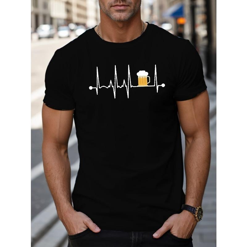 

European Size Men s EKG Heartbeat & Beer Graphic T-Shirt - White Short Sleeve Casual Round Neck Top with Beer Lovers, Machine Washable - Wear 4XL