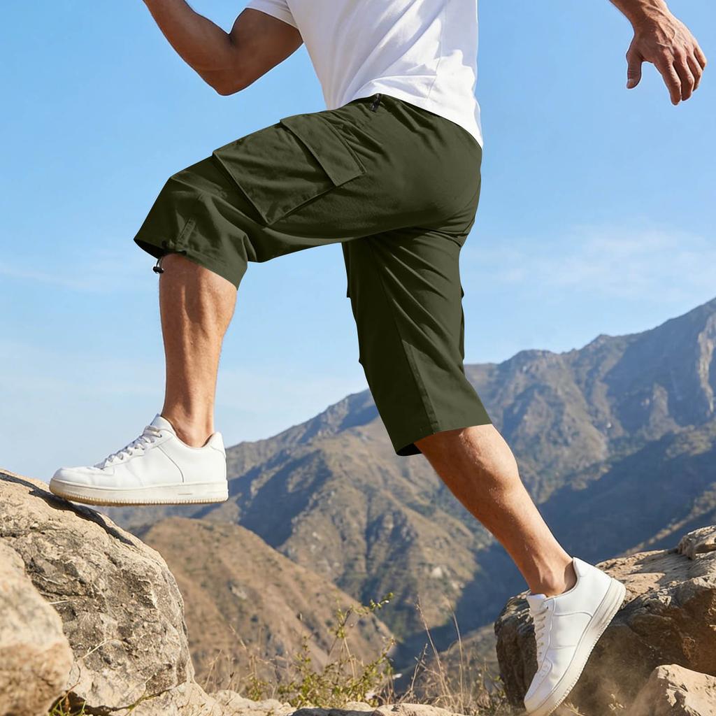 Men’s Casual 3/4 Length Cargo Shorts Elastic Waist Relaxed Fit Lightweight Multi Pocket Knee Length Pants
