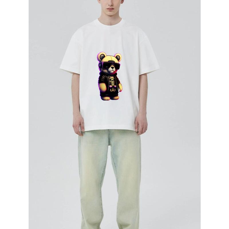 Black T Shirt with Cartoon Bear Wearing Sunglasses and Skull Design for Casual Wear
